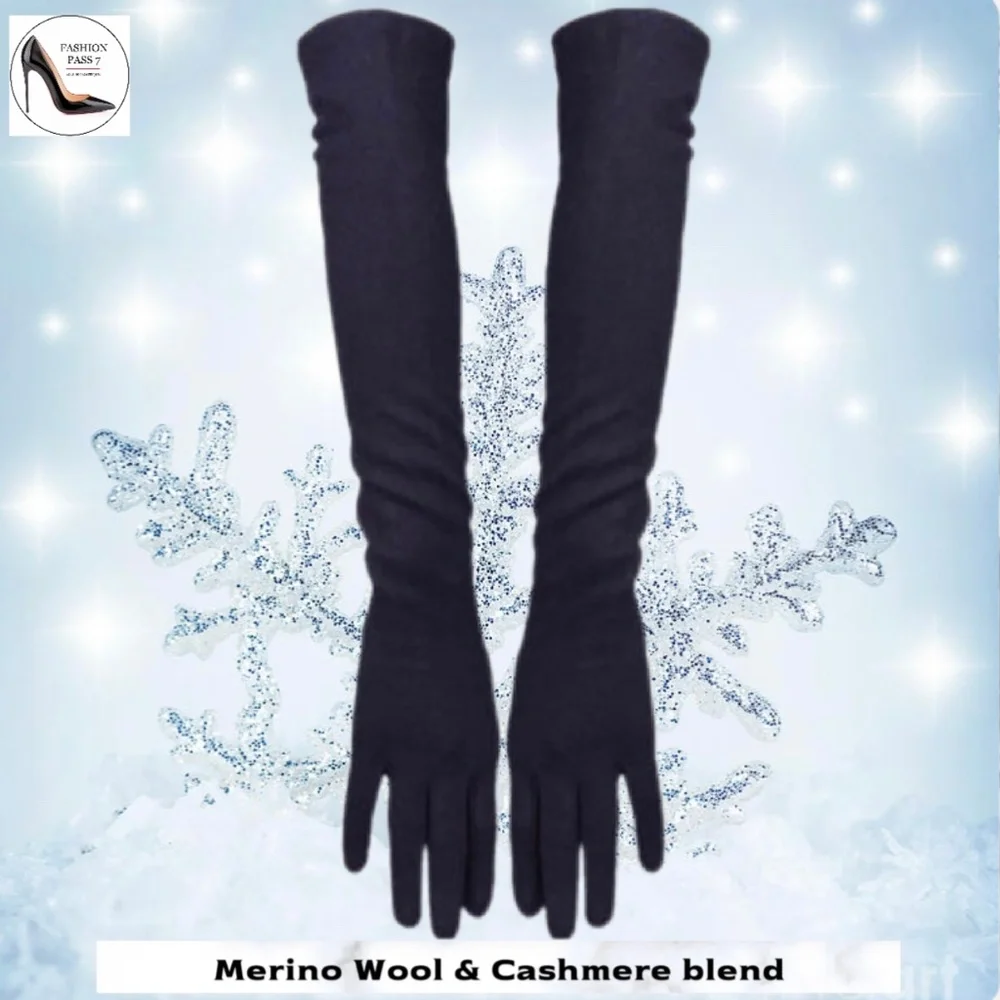 Long Cashmere Merino Wool Gloves Classical Black Opera Driving Winter Warm Glove